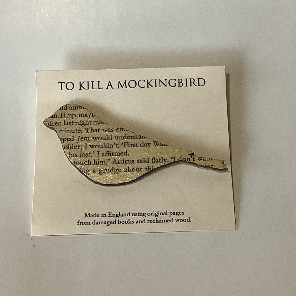 Bird brooch with To Kill A Mockingbird text
